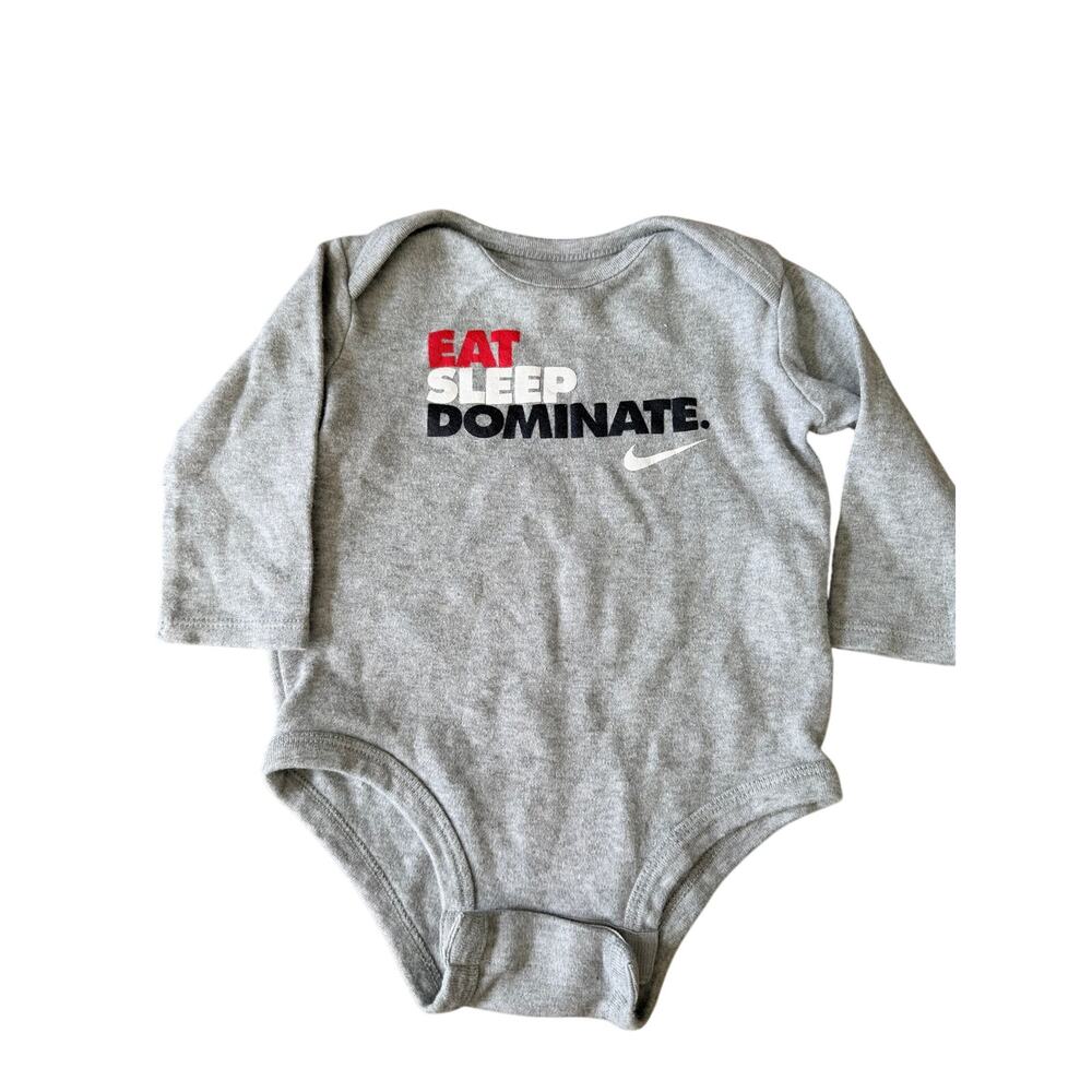 Nike Baby Boy Gray Long Sleeve 'Eat Sleep Dominate' Bodysuit